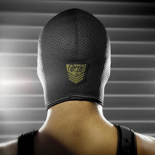 Black Ops perforated bondage hood side view with the closure detail