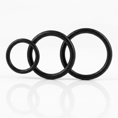 Black triple cock ring set featuring three flexible rings in different diameters for customizable fit, support, and enhanced performance.
