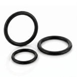 Three black stretch cock rings displayed individually to highlight the different sizes included in the set and their smooth, flexible design.