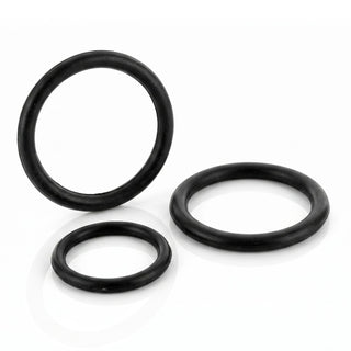 Three black stretch cock rings displayed individually to highlight the different sizes included in the set and their smooth, flexible design.