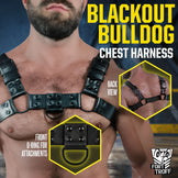 Blackout Bulldog chest harness on a hairy chest with back view and front D-ring close-up insets