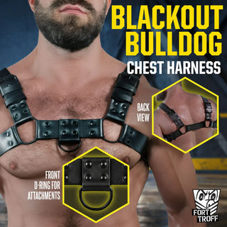 Blackout Bulldog chest harness on a hairy chest with back view and front D-ring close-up insets