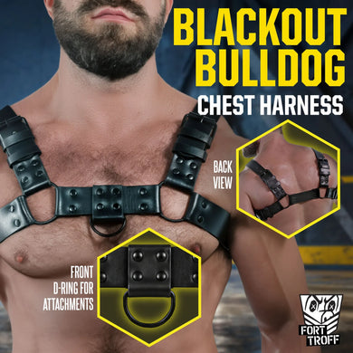 Blackout Bulldog chest harness on a hairy chest with back view and front D-ring close-up insets
