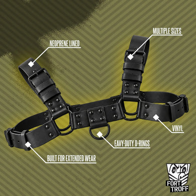 Blackout Bulldog chest harness laid out with callouts for neoprene lining, vinyl straps and D-rings