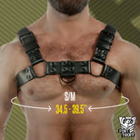 Blackout Bulldog chest harness size guide, S/M fits 34.5 to 39.5 inch chest