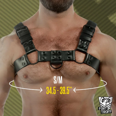 Blackout Bulldog chest harness size guide, S/M fits 34.5 to 39.5 inch chest