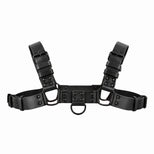 Blackout Bulldog chest harness on white, black vinyl straps with blacked-out buckles and front D-ring
