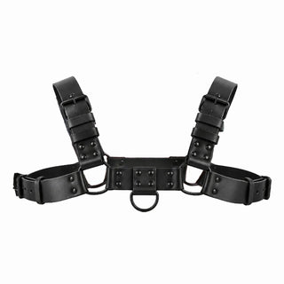 Blackout Bulldog chest harness on white, black vinyl straps with blacked-out buckles and front D-ring