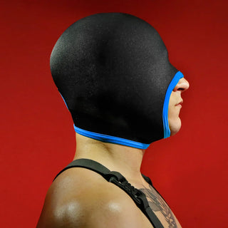 Blind Skullfuck open-mouth blindfold hood in blue, side profile on a model