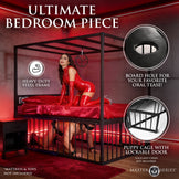 Built-in cage underneath bondage bed with sub confined below and surface play above