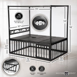 Bondage bed dimensions 79L x 57W x 78H with cage measurements and access hole detail