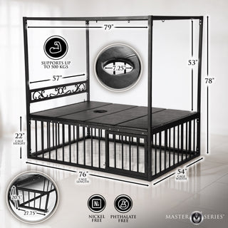 Bondage bed dimensions 79L x 57W x 78H with cage measurements and access hole detail