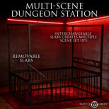 Bondage bed with removable interchangeable cushion slabs for multiple scene configurations