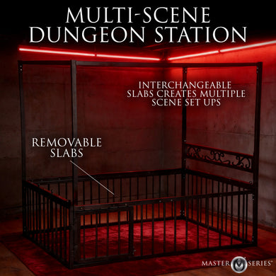 Bondage bed with removable interchangeable cushion slabs for multiple scene configurations