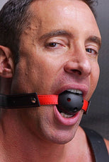 Adjustable faux leather strap and buckle on the breathable ball gag, vegan-friendly