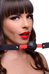 Close-up of the breathable ball gag's black ball showing the breathing holes