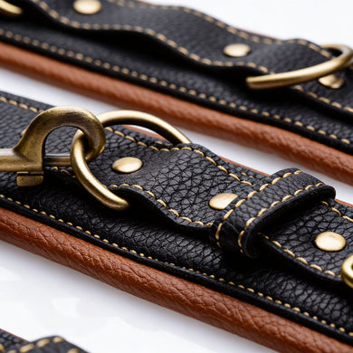 Close-up of Coax collar to wrist restraints showing textured faux leather, reinforced stitching, antique gold rings, and chain clips