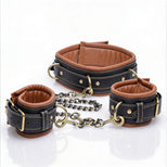 Complete Coax collar to wrist restraints BDSM set with adjustable collar, wrist cuffs, detachable chains, and padded faux leather construction
