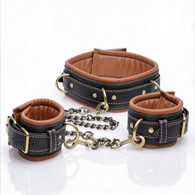 Complete Coax collar to wrist restraints BDSM set with adjustable collar, wrist cuffs, detachable chains, and padded faux leather construction