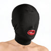 Female model wearing a black disguise hood with padded blindfold and open mouth opening, highlighting the sleek full-head coverage design