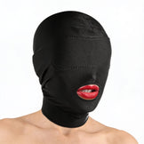 Female model wearing a black disguise hood with padded blindfold and open mouth opening, highlighting the sleek full-head coverage design