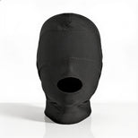 Front view of black disguise hood with full eye coverage, padded blindfold panel, and open mouth design for sensory restriction play