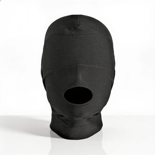 Front view of black disguise hood with full eye coverage, padded blindfold panel, and open mouth design for sensory restriction play