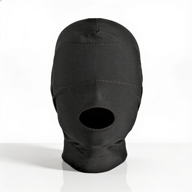 Front view of black disguise hood with full eye coverage, padded blindfold panel, and open mouth design for sensory restriction play