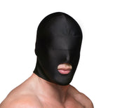 Male model wearing a black disguise hood with padded blindfold panel and open mouth design for sensory deprivation and anonymous roleplay