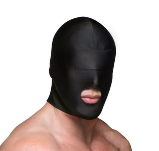 Male model wearing a black disguise hood with padded blindfold panel and open mouth design for sensory deprivation and anonymous roleplay