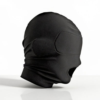 Side view of black stretch hood featuring a padded blindfold section and reinforced open mouth opening for breathing and communication