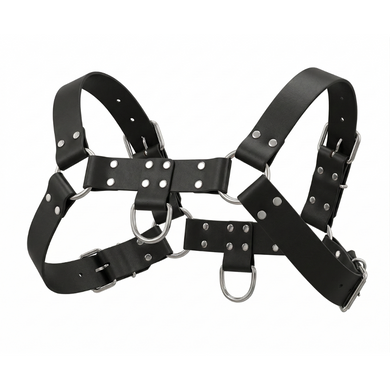 Black faux leather English Bulldog harness with adjustable straps, silver rivets, and front D-ring attachment points