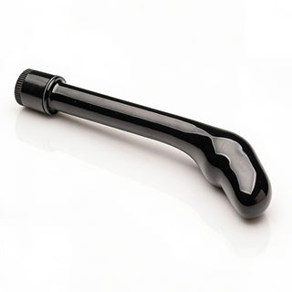 The Essential P-Spot Vibe shown at an angled view highlighting its ergonomic curved shaft, bulbous tip, and glossy black exterior