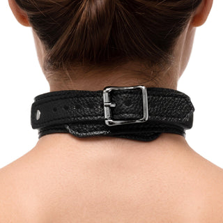 Close-up of the padded leather collar on the Female Chest Harness featuring an adjustable buckle, textured finish, and durable metal hardware.
