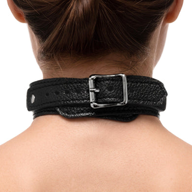 Close-up of the padded leather collar on the Female Chest Harness featuring an adjustable buckle, textured finish, and durable metal hardware.