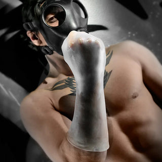 FFister Frost sleeve on a raised fist with a gas-mask model behind it