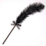 Black feather tickler with a striped handle and decorative ribbon, designed for light sensation play and intimate teasing.