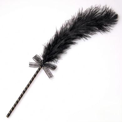 Black feather tickler with a striped handle and decorative ribbon, designed for light sensation play and intimate teasing.