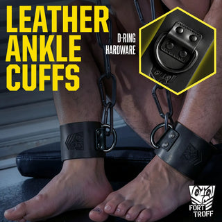 Leather Ankle Cuffs chained at the ankles with a D-ring hardware close-up inset