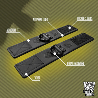 Leather Ankle Cuffs pair laid open with callouts for leather, neoprene lining, Velcro closure and D-rings