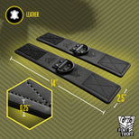 Leather Ankle Cuffs laid flat with 14 inch length, 2.5 inch width and 0.25 inch thickness marked
