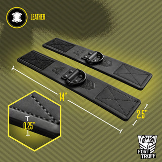 Leather Ankle Cuffs laid flat with 14 inch length, 2.5 inch width and 0.25 inch thickness marked