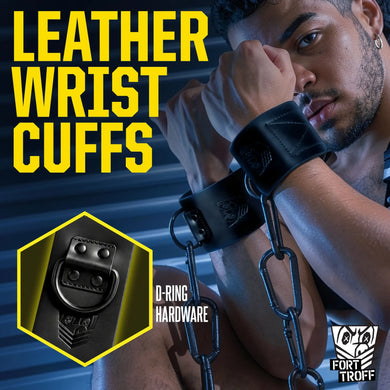 Model in Leather Wrist Cuffs chained at the wrists with a D-ring hardware close-up