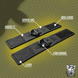 Leather Wrist Cuffs laid flat with neoprene lining, Velcro closure, adjustable fit and D-ring callouts