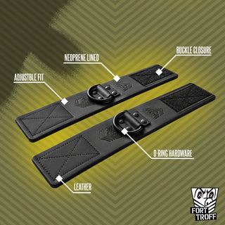 Leather Wrist Cuffs laid flat with neoprene lining, Velcro closure, adjustable fit and D-ring callouts