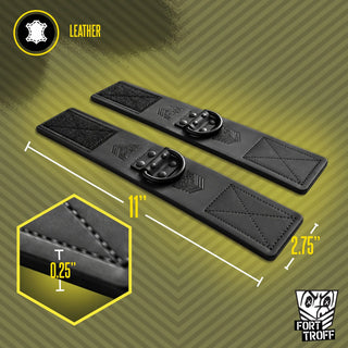 Leather Wrist Cuffs pair with 11 inch length, 2.75 inch width and 0.25 inch thickness callouts