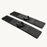 Leather Ankle Cuffs pair with steel D-rings and stitched Velcro panels, angled view, Fort Troff