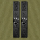 Leather Ankle Cuffs bondage restraints pair laid flat, black leather with steel D-rings and velcro, Fort Troff