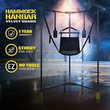 Hammock Hangar Velvet Guard sling stand callouts: 1 year warranty, sturdy steel build, no-tools quick setup