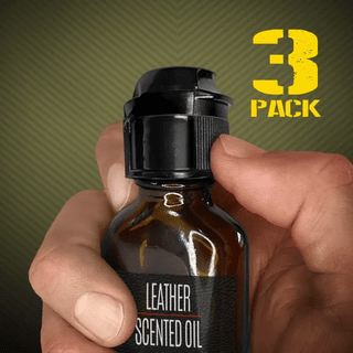 Pig Snout Flip cap clicked onto a leather scented oil bottle, animated, 3 pack, Fort Troff